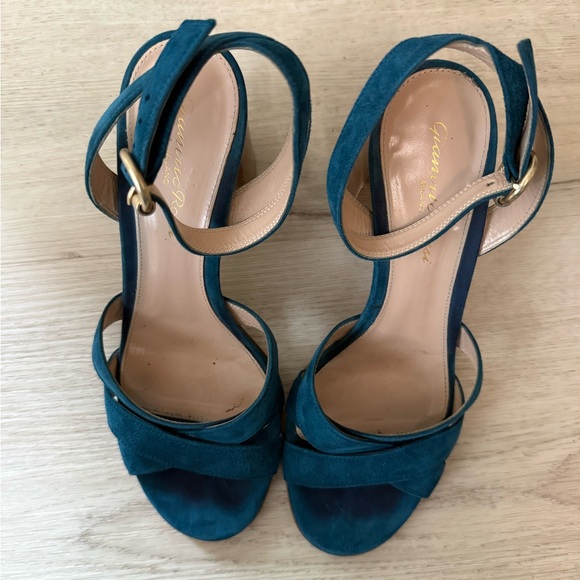 Gianvito Rossi Frida Suede block heeled Sandals ankle strap teal Italy size 38 - Picture 5 of 13
